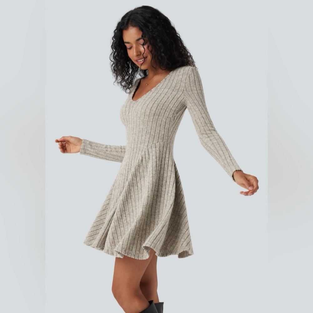 HALARA Ribbed Knit V-Neck Long Sleeve Flare Mini Casual Dress